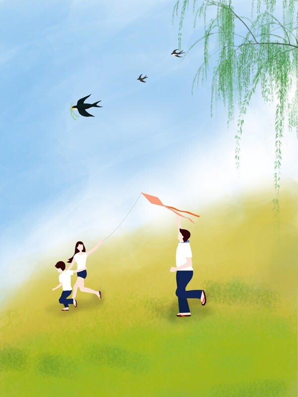 春季一家人放风筝背景