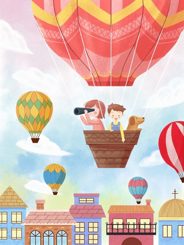 粉色浪漫欧洲小镇热气球旅行度假插画