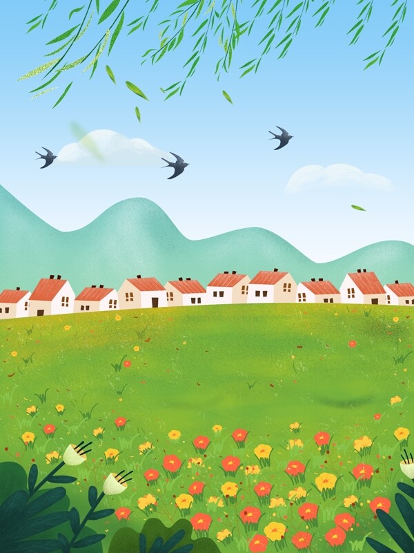 清新彩绘春季房屋风景背景设计