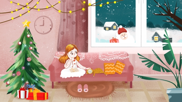 圣诞节安静的在家看书的女孩肌理插画