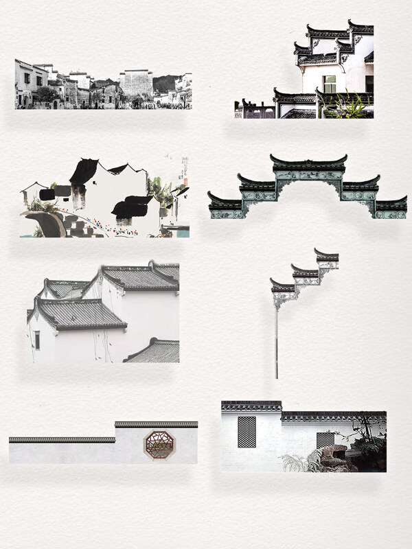 中国江山水乡黑白色徽派建筑装饰图案