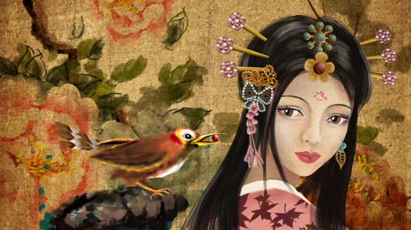 古风花鸟牡丹果实中国风水墨带簪子的女子