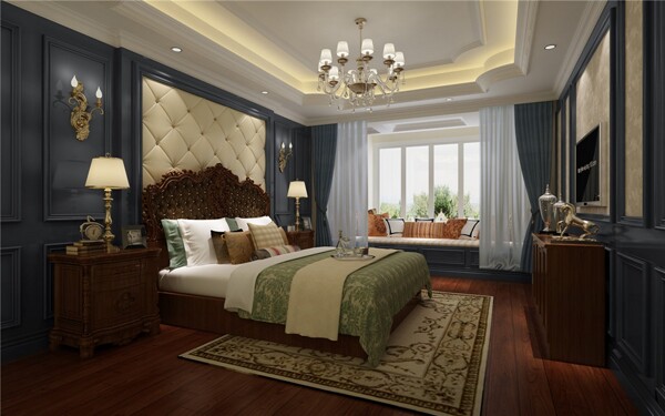 欧式时尚卧室大床落地窗设计图