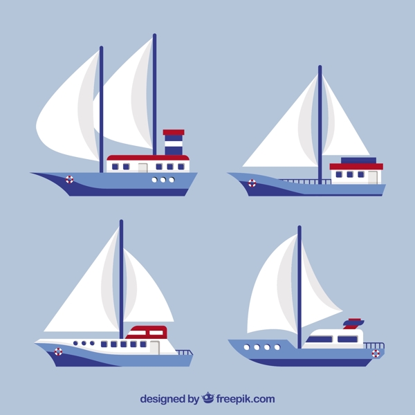 手绘四艘帆船平面设计插图