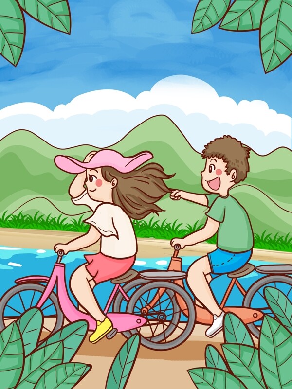旅游季节男孩女孩骑脚踏车旅游手绘原创插画