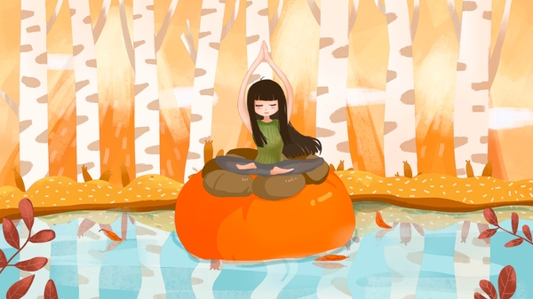 手绘插画秋天柿子上的瑜伽女孩