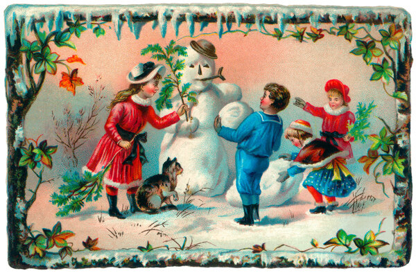 堆雪人的小孩插图图片