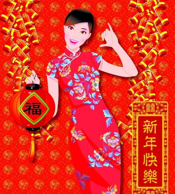 中国红色旗袍美女拜年矢量图