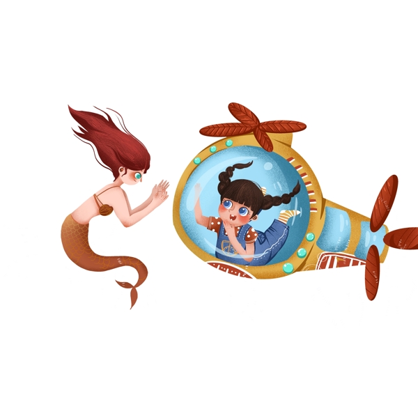 复古美人鱼和飞艇里的女孩插画元素