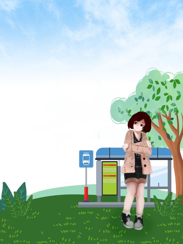 春季手绘公交站台女孩背景