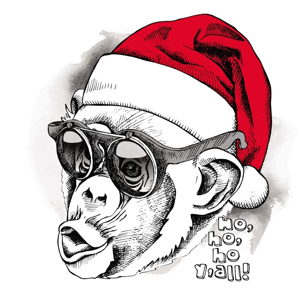 手绘猴子可爱动物圣诞节海报矢量