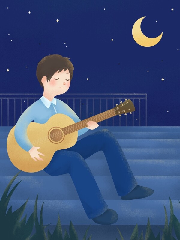 月光下弹吉他的卡通男孩海报背景素材