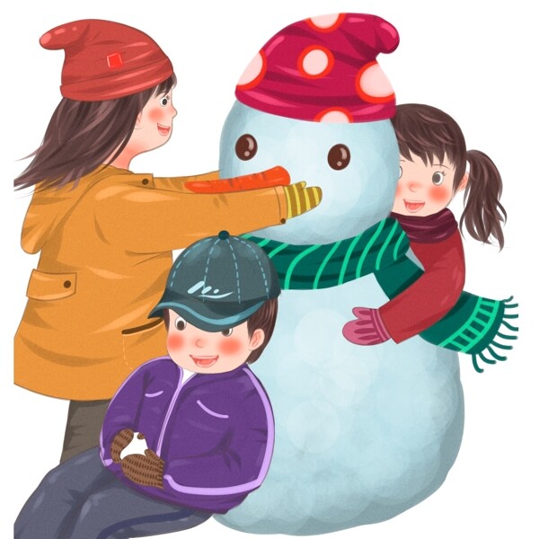 手绘冬天堆雪人的三个小孩