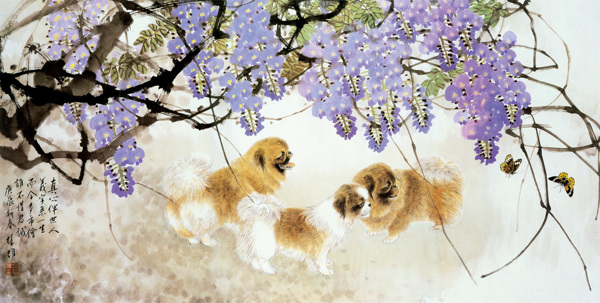 小狗与花朵插画背景图片