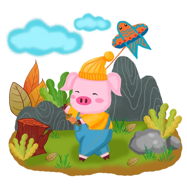猪年动物猪手绘可爱放风筝的小猪卡通插画