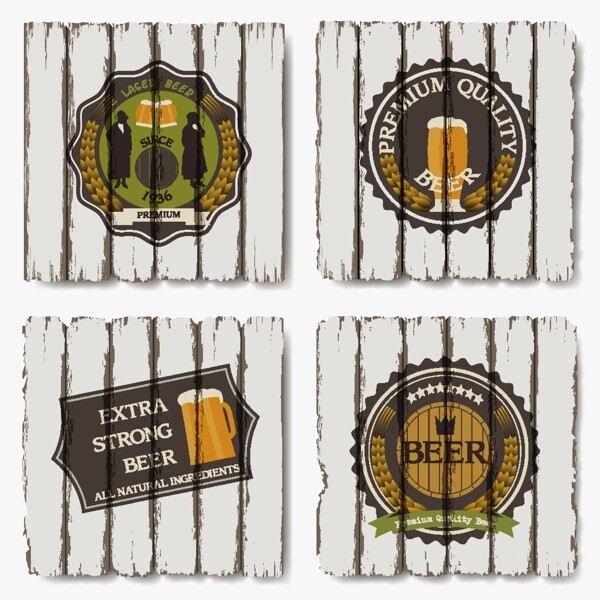 啤酒的徽章和老木背景标签