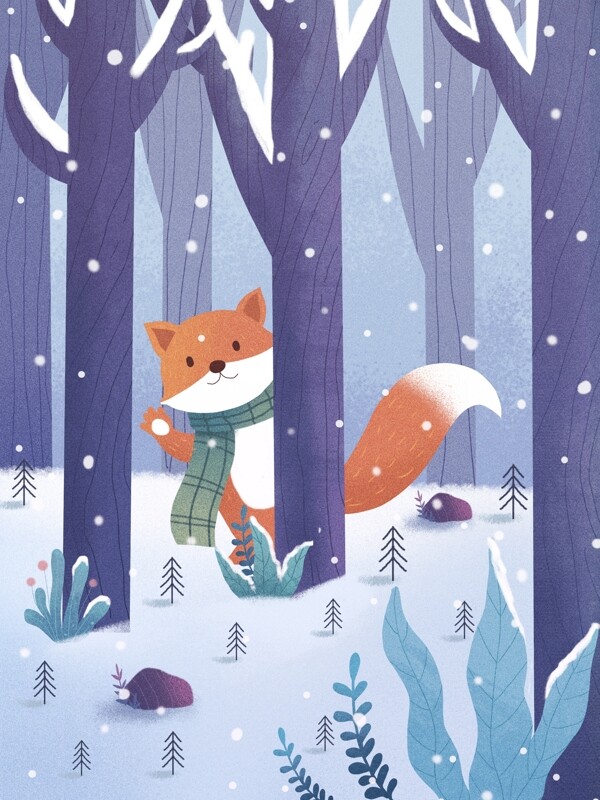 原创小清新插画冬日私语森林里的小狐狸