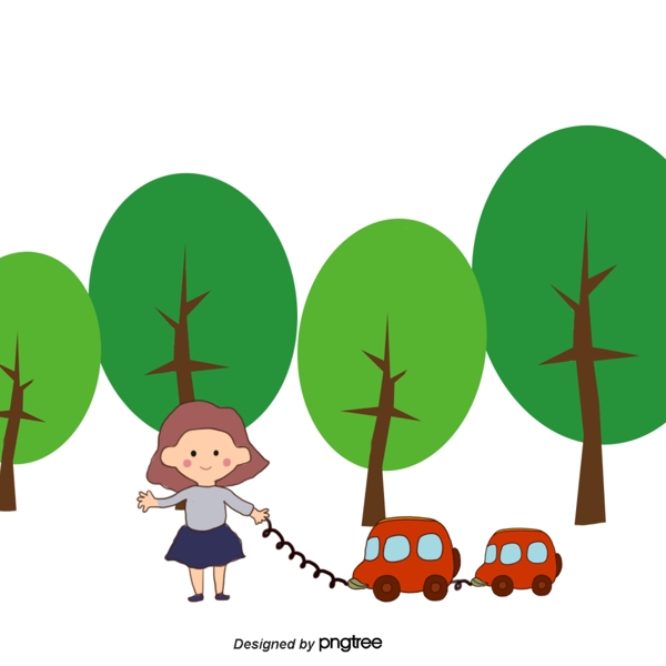 女孩拖汽车玩具红绿色的树