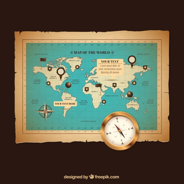 复古世界地图和指南针矢量图