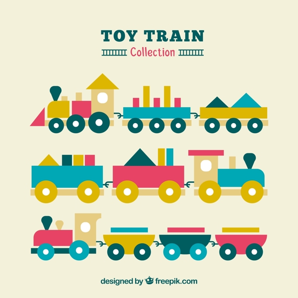 三个扁平风格的玩具火车插图