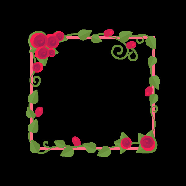 红色花卉绿叶边框免抠png透明图层素材