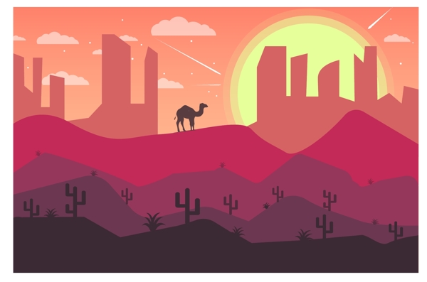 原创矢量戈壁沙漠骆驼风景插画