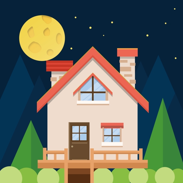 深夜的月亮照着的小房子扁平化风格