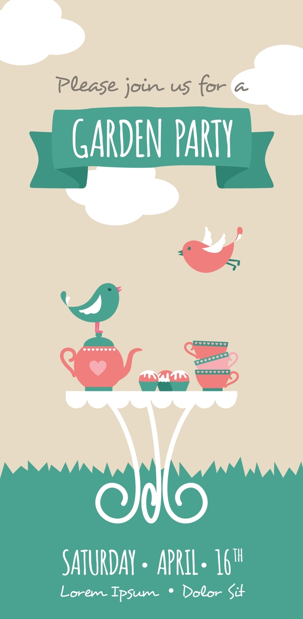 可爱的花园派对传单与一个茶壶