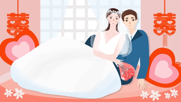 婚礼季新郎新娘婚纱照原创插画设计