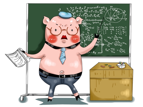 卡通手绘厚涂创意教学猪猪课堂插画PNG