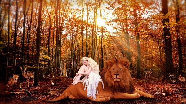 坐在狮子身上的森林公主合成图