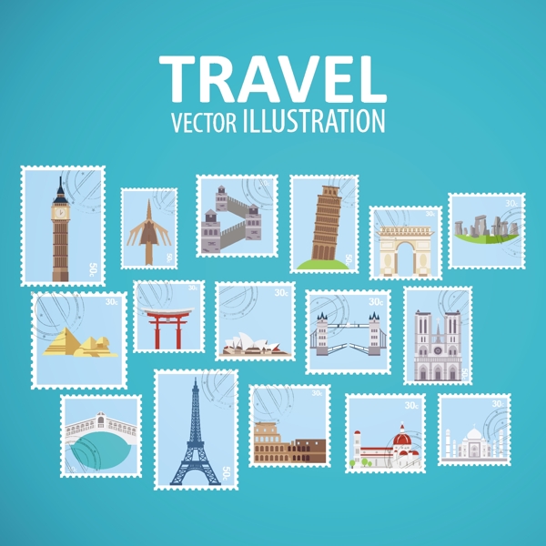 16张世界旅行地标建筑邮票矢量素材