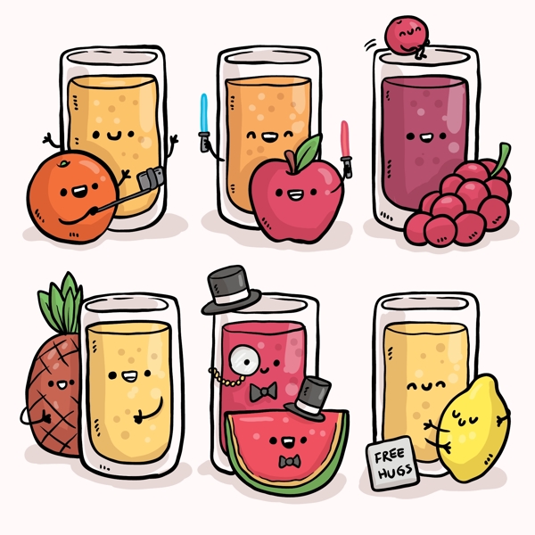 6款手绘表情杯装果汁和水果矢量