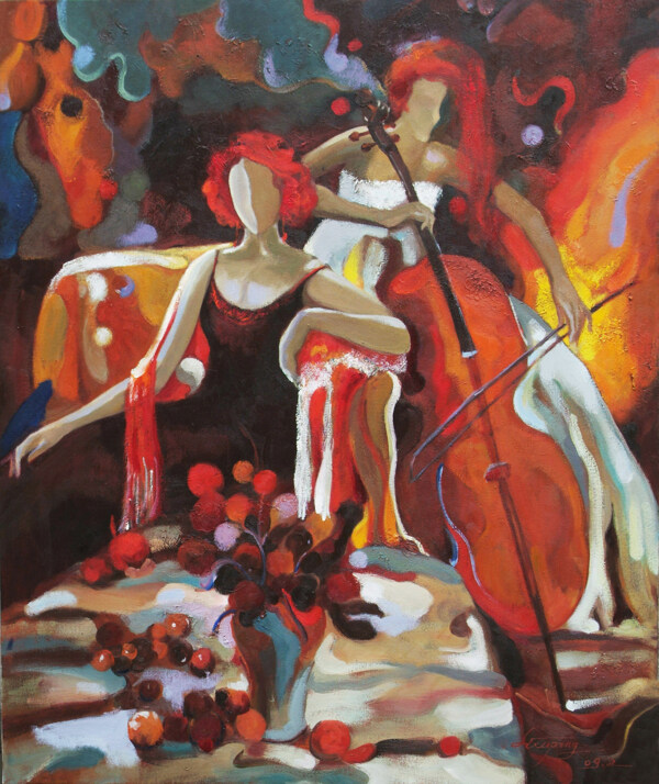 拉大提琴的女姑娘抽象画