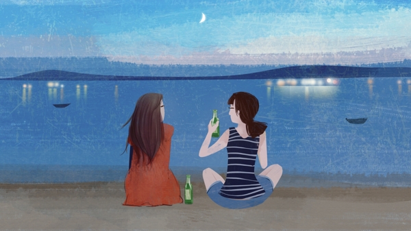 冰爽盛夏傍晚海边沙滩喝啤酒的女孩