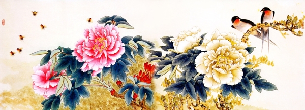 高清国画花鸟牡丹喜鹊图图片
