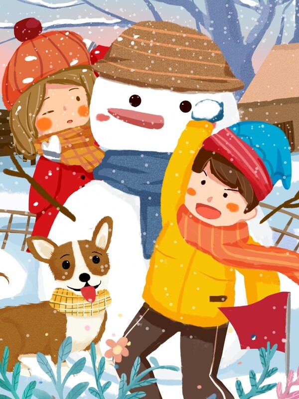冬日兄妹堆雪人打雪仗可爱温暖温馨儿童插画