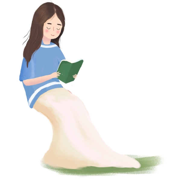 坐在看书的长发蓝衣卡通美女素材免费下载