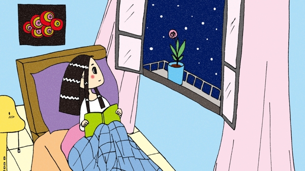 儿童卡通彩色手绘望着窗外的女孩原创插画