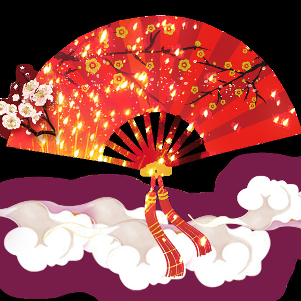 手绘中国风红色折扇透明装饰素材