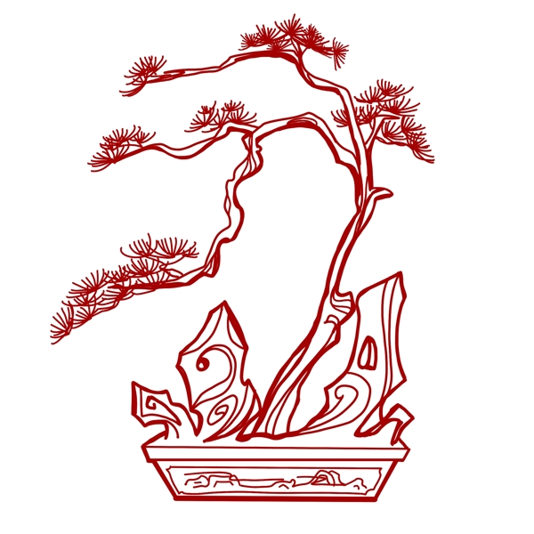 中国风红色剪纸青松盆栽