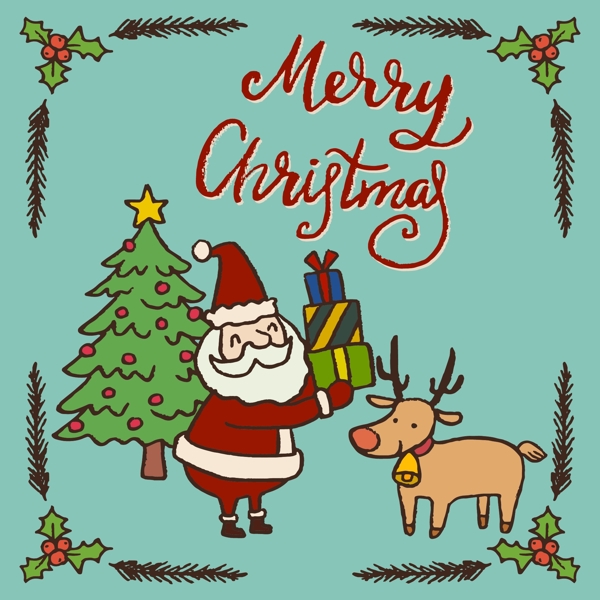 手绘圣诞老人和驯鹿素材