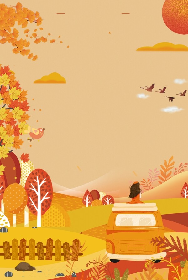 秋季贴秋膘郊外女孩插画风手绘海报背景