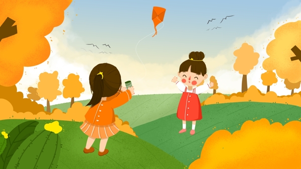 小清新插画我和闺蜜在草坪上放风筝