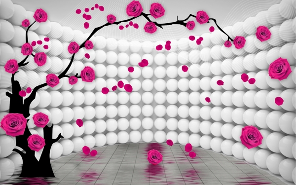 3D玫瑰花枝弧形立体电视背景墙效果设计