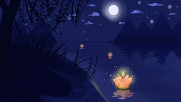 夜晚蓝色夜空下的湖水中飘浮的莲花灯背景