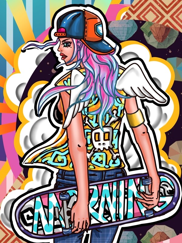 世界滑板日pop说唱涂鸦运动酷女孩翅膀