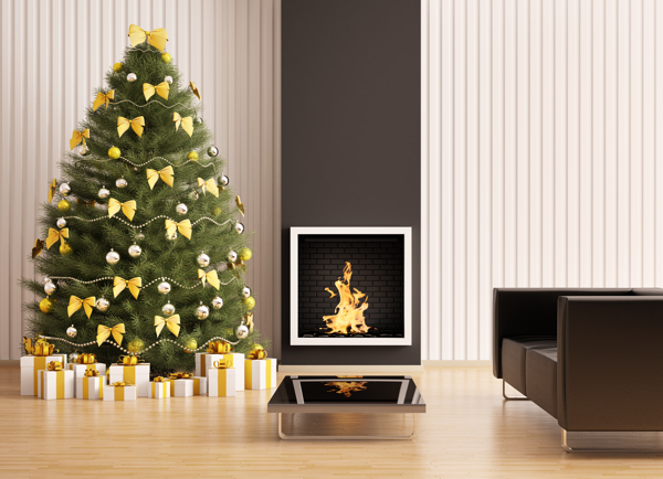 木质墙壁壁炉和圣诞树