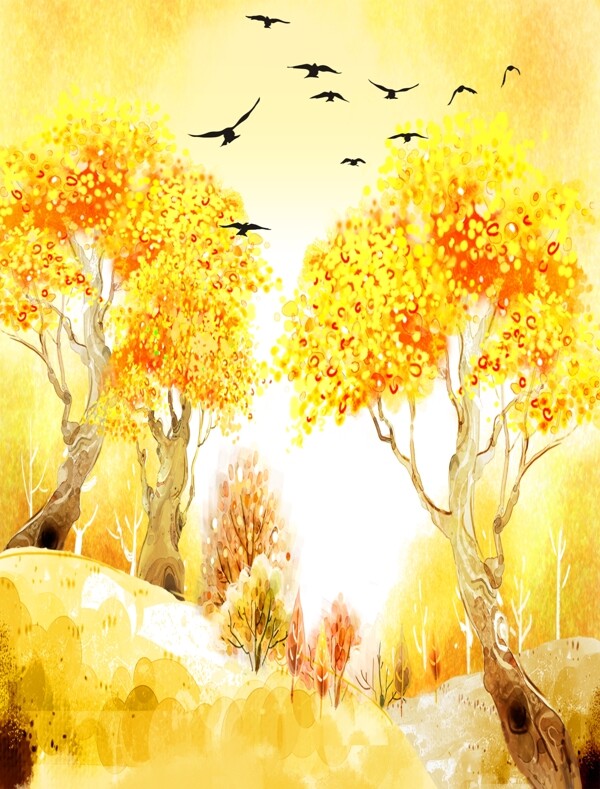 秋季落叶大树风景插画装饰画