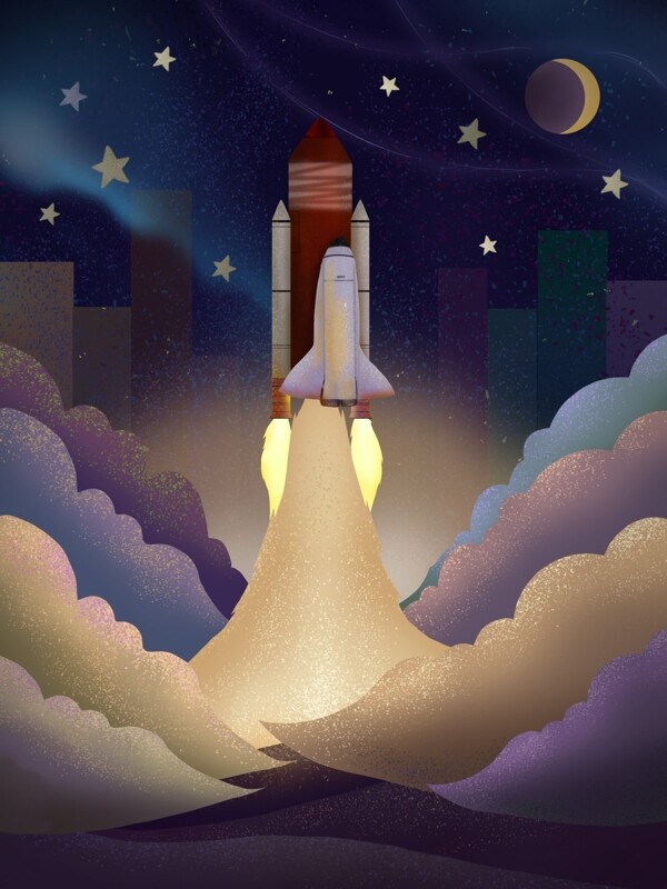 世界航天日火箭升天奔月计划手绘插画
